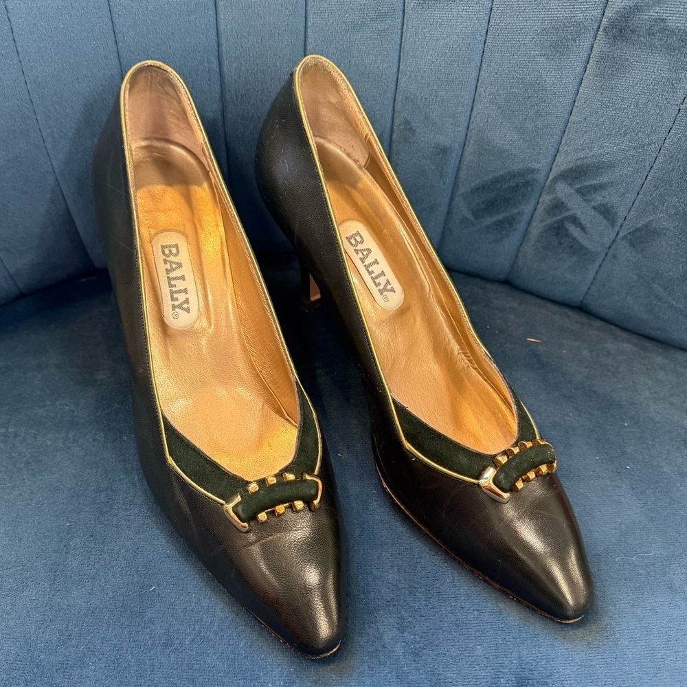 Vintage Bally Dark Green Leather Heels | Size 7.5 | Gold Detail